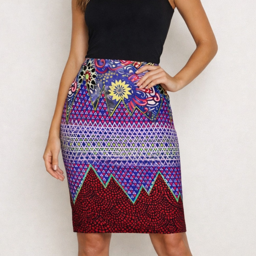 Anthropologie Mah Na Mah Na Jen Kao Geometric Print Pencil Skirt Boho Tribal Sz8